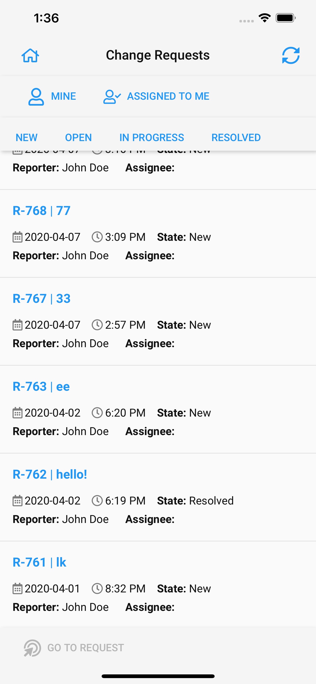 HDC FM Mobile med en lista över ändringsärenden filtrerade efter status