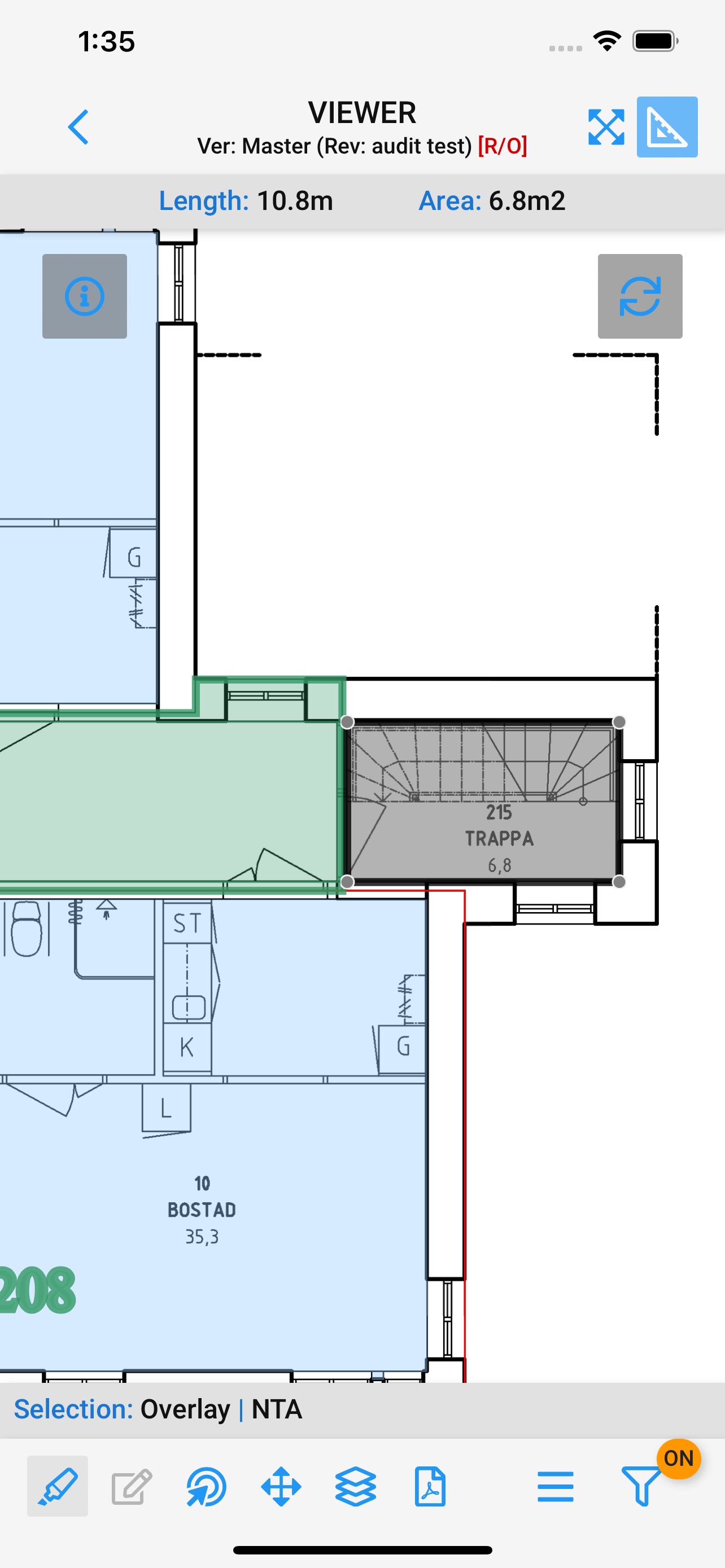 HDC FM Mobile mäter ett trapphus på 6,8 kvadratmeter i en planritning